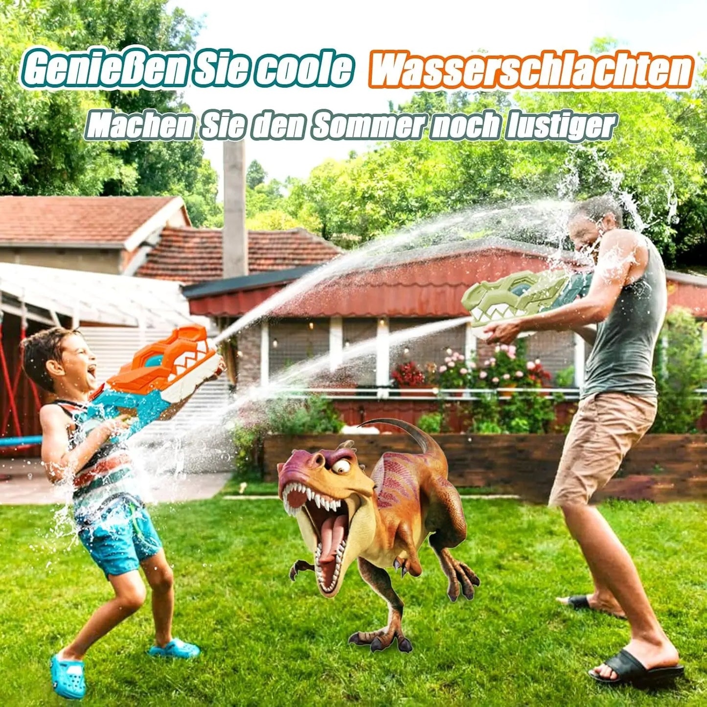 Zestaw 2 dinosaurowych pistoletów na wodę 580ml, zasięg 7-10m