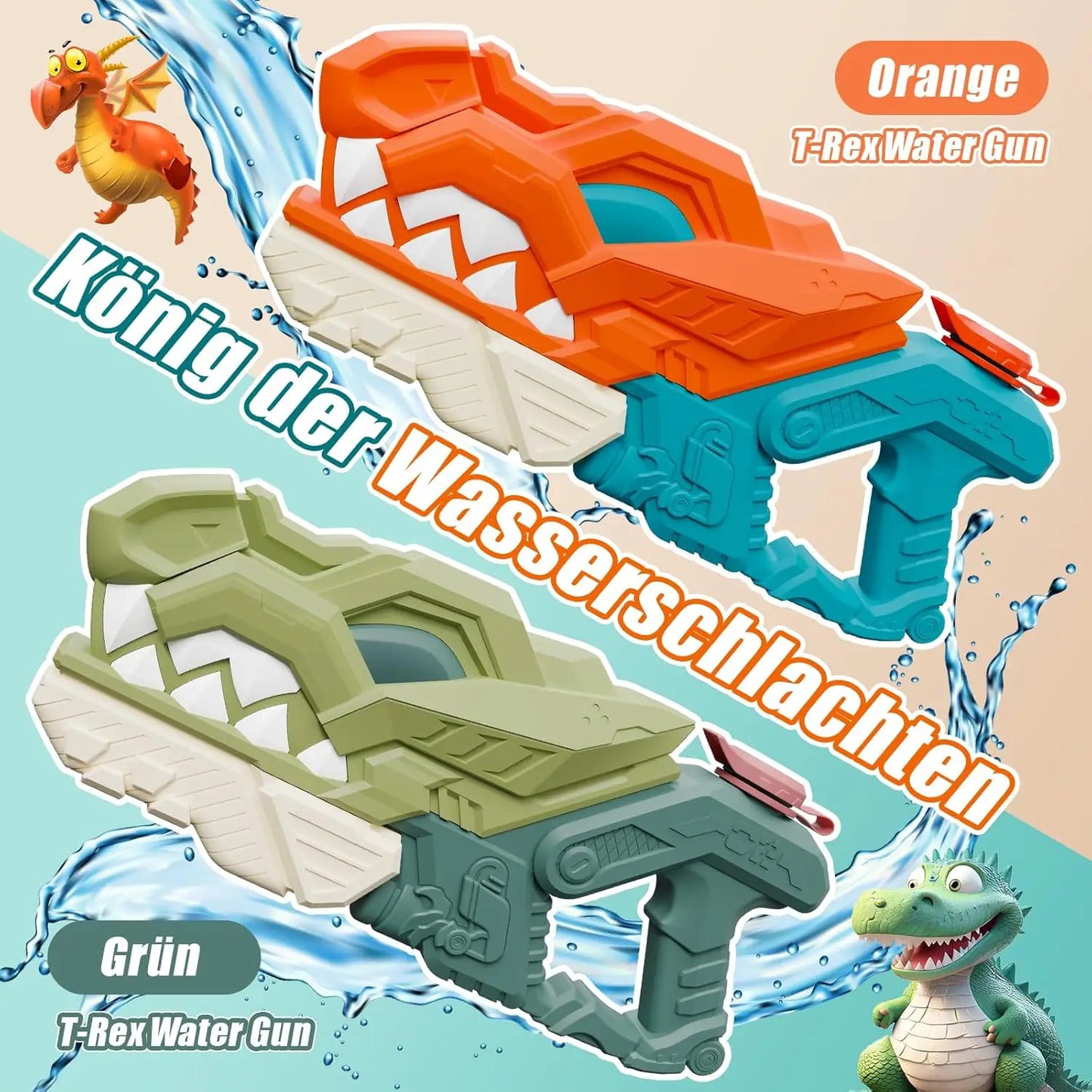 Zestaw 2 dinosaurowych pistoletów na wodę 580ml, zasięg 7-10m