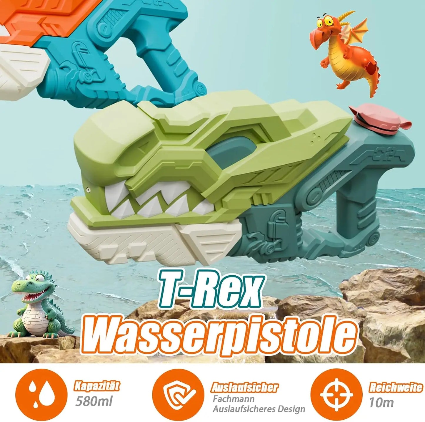 Zestaw 2 dinosaurowych pistoletów na wodę 580ml, zasięg 7-10m