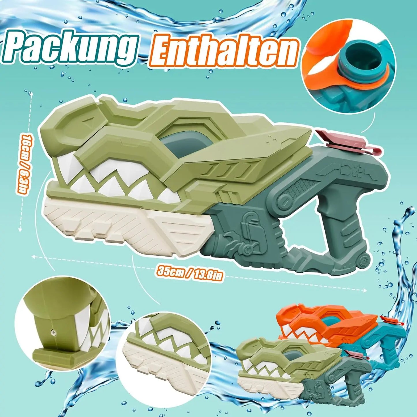 Zestaw 2 dinosaurowych pistoletów na wodę 580ml, zasięg 7-10m