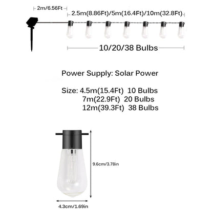 Solarne lampki LED 20/38 żarówek, wodoodporne, dekoracyjne girlandy